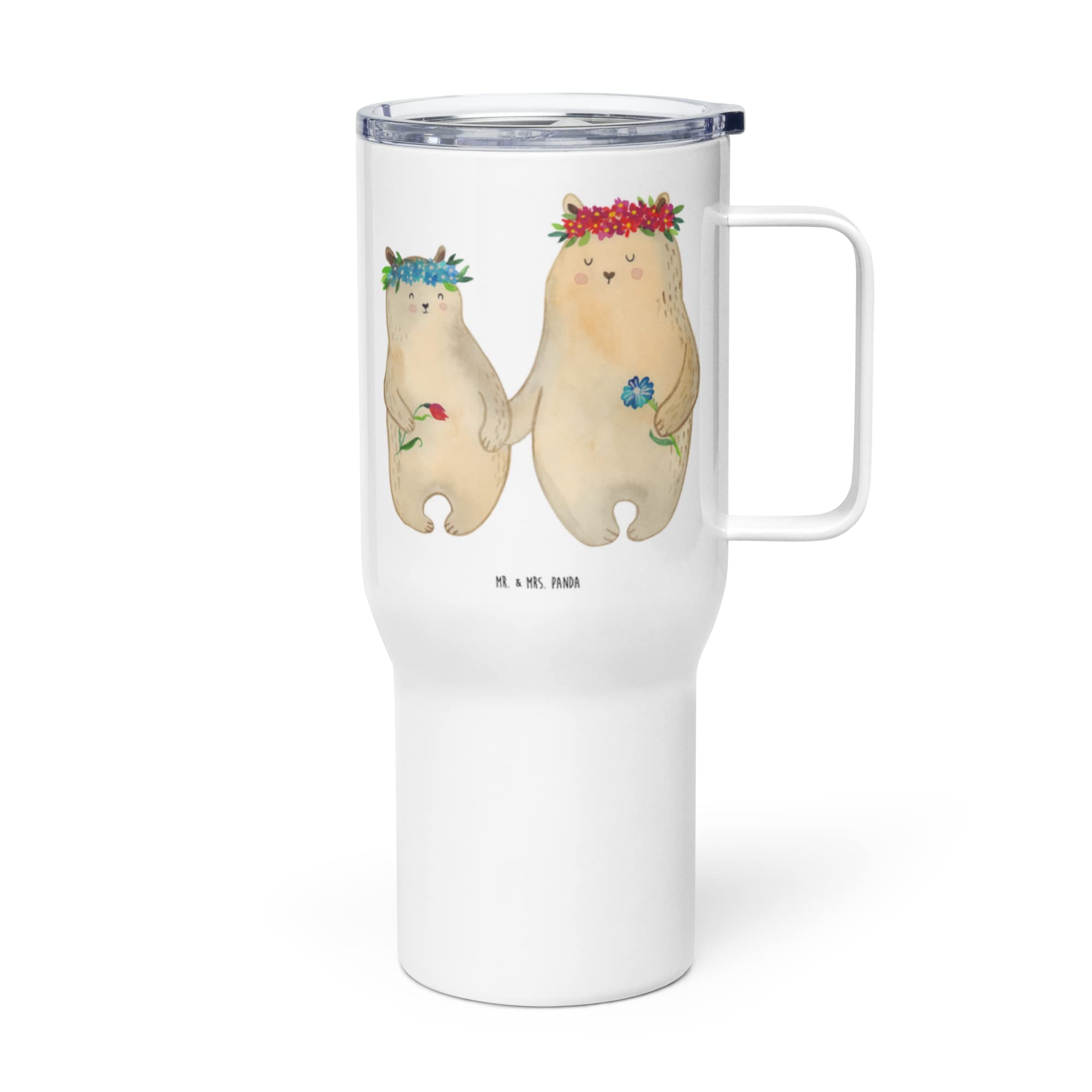 Mr. & Mrs. Panda Thermobecher Bären mit Blumenkranz - Geschenk, Teetasse, Vorbild, Kinder, Mehrweg-Kaffeebecher, Kaffee-to-go-Becher, Family, Muttertag, Isolierbecher, Mama, Beste Freundin, Mami