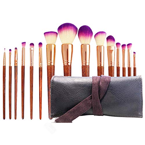 Makeup Brushes Set 15 Piece Wood Handle Kabuki Makeup Brush Face Powder Foundation Blending Eye Shadow Make Up Brushes Kit With Case Christmas Xmas Gift