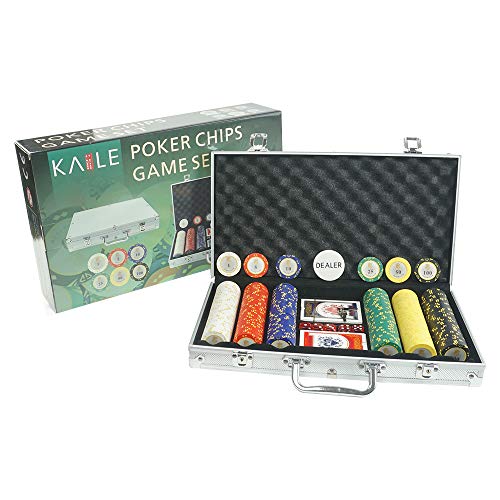 KAILE 14 Gram Poker Chips Set for Texas Holdem, Blackjack, Gambling with Carrying Aluminum Case, Cards, Buttons and 300 Dice Style Casino Clay Chips(0.14