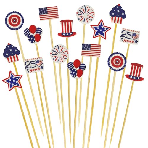 200PCS 250th Anniversary USA Patriotic Wooden Cocktail Toothpicks Picks Fourth/4th of July Cupcake Toppers Appetizer Cake Party Supplies Decorations