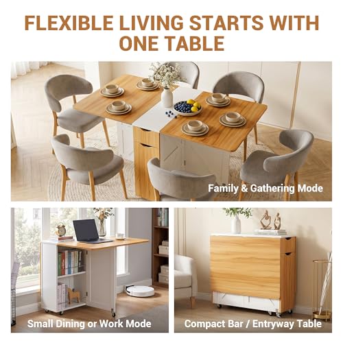 Image of 53 inch Folding Dining Table Space Saving Foldable Dining Table with Drawer, Shelves and Wine Racks, Drop Leaf Table for Small Spaces, Extendable Folding Kitchen Table with Lockable Wheels