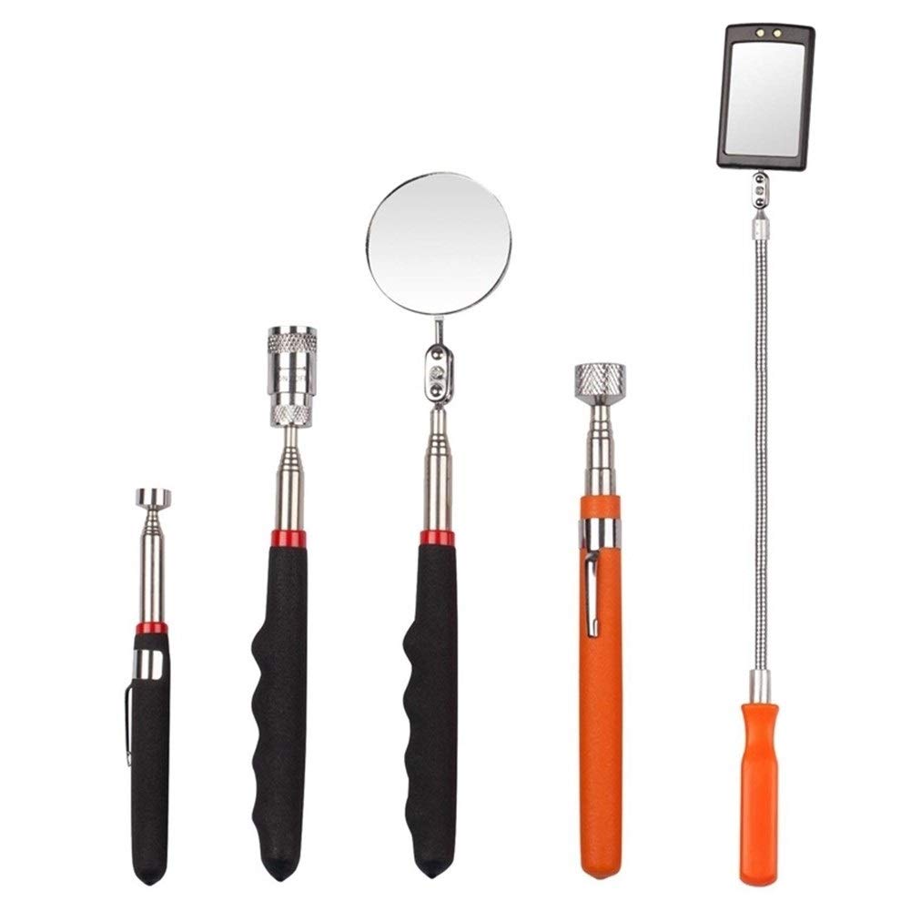 Miroir d'inspection télescopique Outil de ramassage magnétique télescopique 5 pièces, Comprenant Une Tige de ramassage de 10 LB/ 8 LB/ 5 LB et Un Ensemble de miroirs d'inspection Ronds