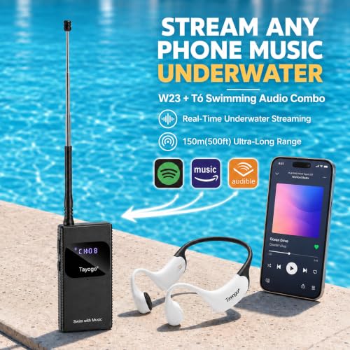 Image of Tayogo Swimming Headphones T6 + W23 Bone Conduction, Under Water Audio System, Spotify Swim Headset, No Need to Download, Waterproof FM Receiving & Bluetooth Open Ear Swim Headset for Training