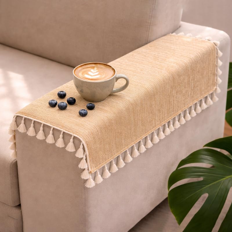 Image of STITCHNEST Premium Woven Fabric Sofa Arm Cover with Tassels | Elegant Hand Rest Protector | Durable & Stylish | 18 x 22 Inches