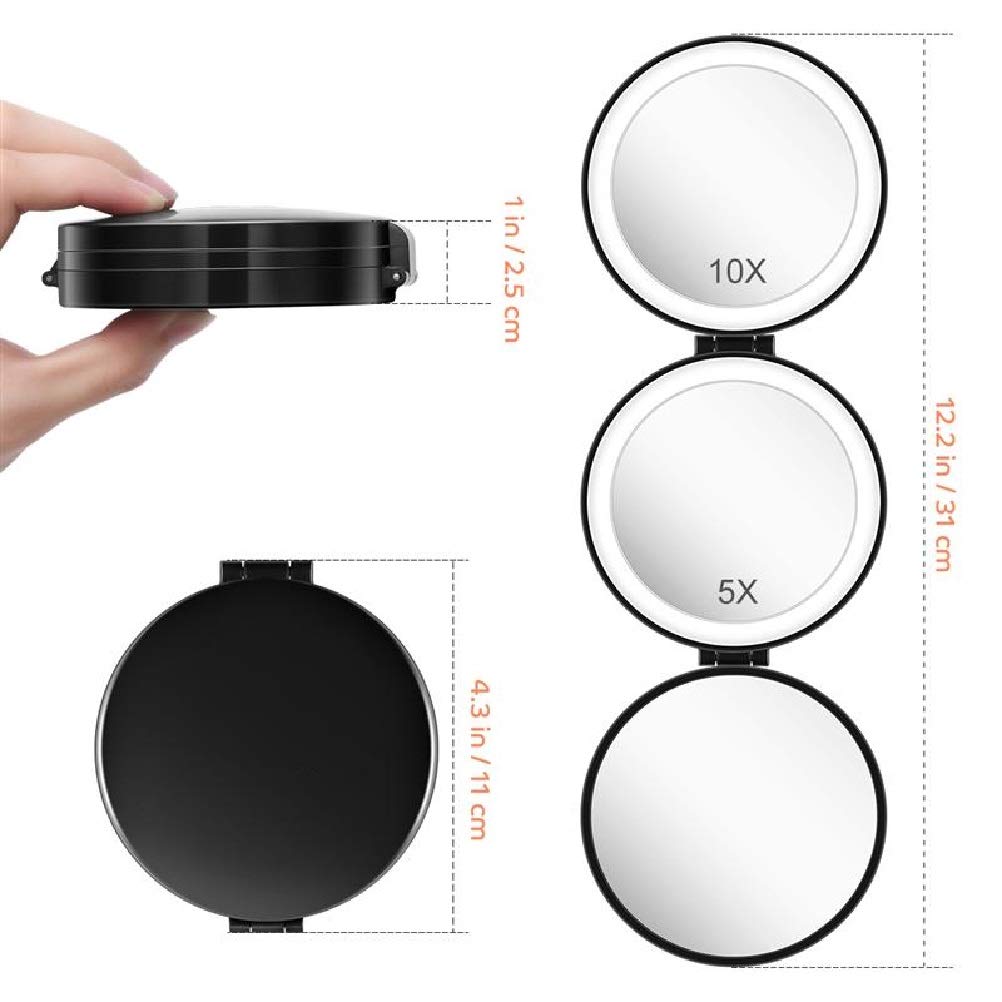 Espejo de Maquillaje LED Aumento, Espejo cosmético Tres Pliegues, Redondo portátil, 1x/5x/10x