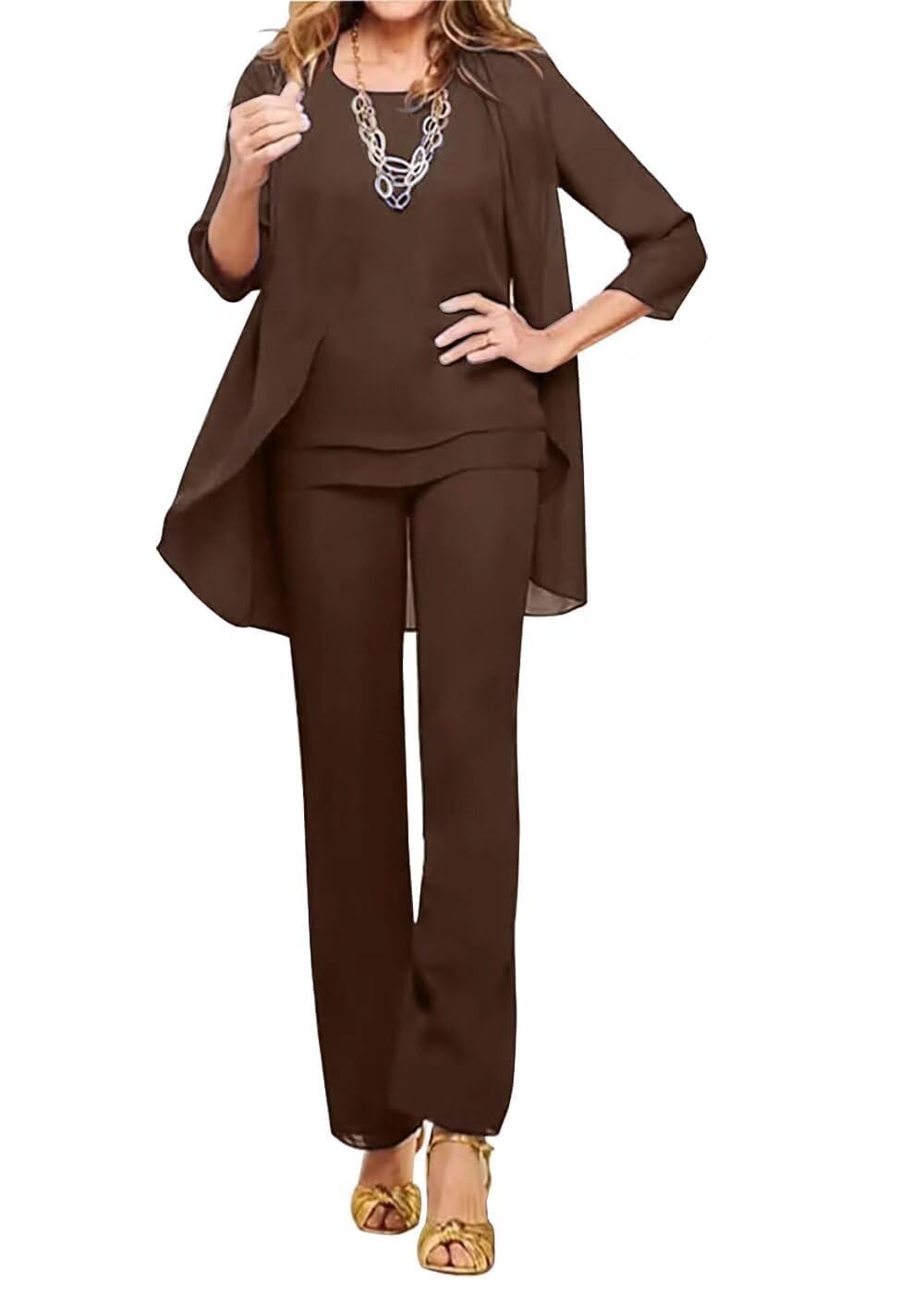 3 Pieces Mother of The Bride Pant Suits for Wedding - Chiffon Long Sleeves Formal Outfits for Women