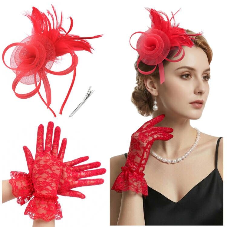 DRESHOW Fascinators Hats for Women Tea Party Gloves Set Tulle Derby Fascinators and Short Lace Gloves for Cocktail Church