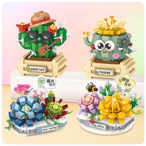 MEIEST 4 PCS Mini Flower Succulent Bonsai Building Blocks,Simulation Pot Plant Particle Botanical...