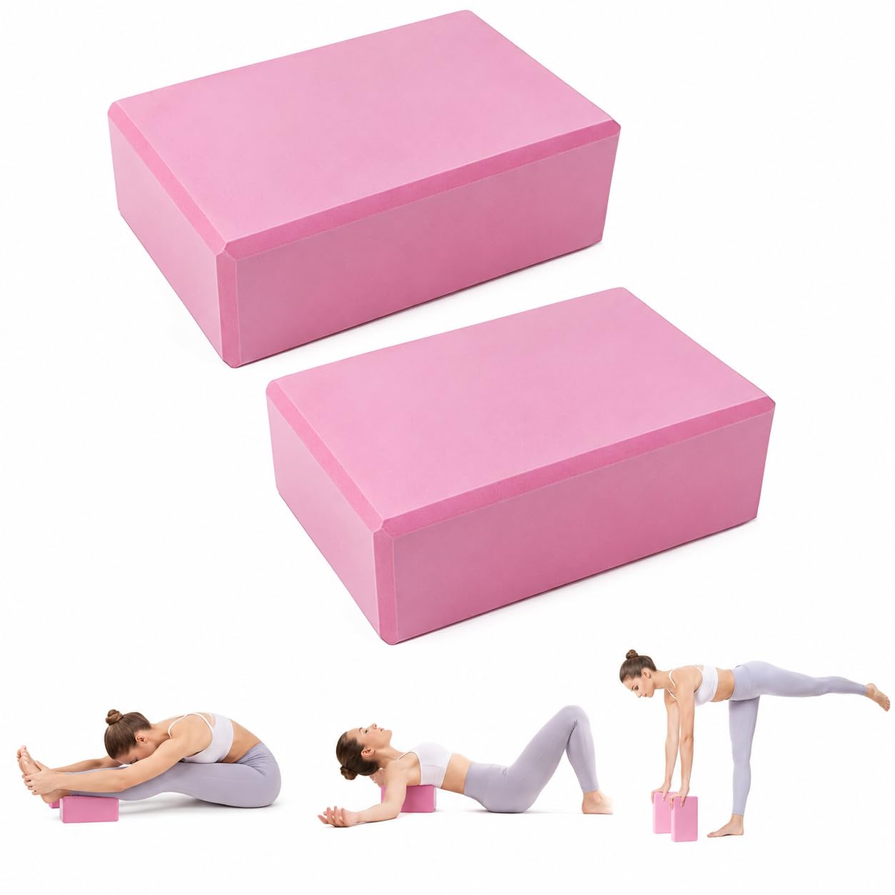 Yoga Blocks Pair, High Density EVA Foam Yoga Brick Blocks, Non Slip Pilates Blocks for Stretching, Balance, Flexibility, Gym Exercise & Home Workout, Lightweight Yoga Props for Adults (Pair of Pink)
