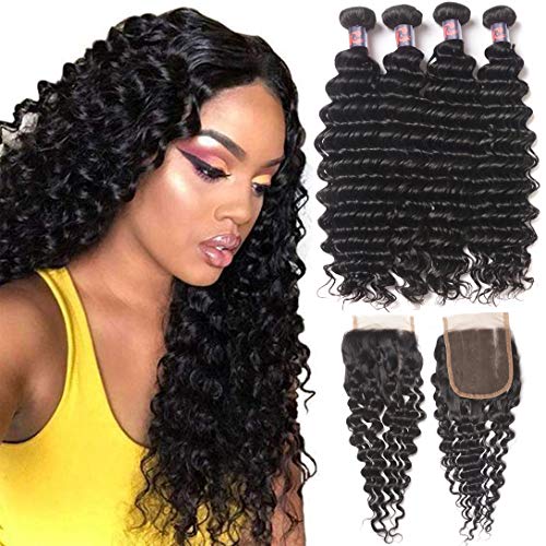 Brazilian Deep Wave 4 Bundles with Three Part Closure (20 22 24 26+18,Natural Black) 10A Unprocessed Virgin Brazilian Deep Wave Human Hair Weave with Lace Closure Brazilian Deep Curly