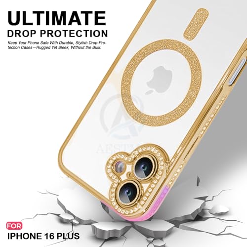 Image of AESTMO Back Cover for iPhone 16 Plus Compatible with MagSafe | Diamond Glitter Case | Luxury Bling Rhinestone Soft Clear TPU Bumper | Camera Lens Protection Cover for iPhone 16 Plus (Gold)