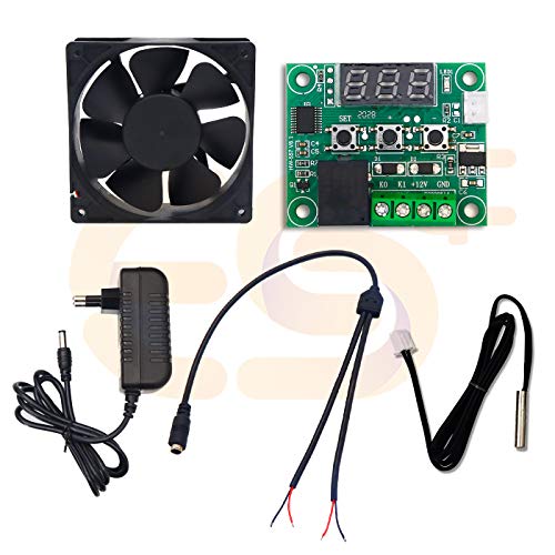 Electronic Spices Combo of Xh-w1209 Temperature Controller Thermostat Module With Probe, 3 Inch 12v Dc Exhaust Cooling Fan, 3.5mm Female Jack With 2 Connection and 12v 1a Dc Power Supply Adapter