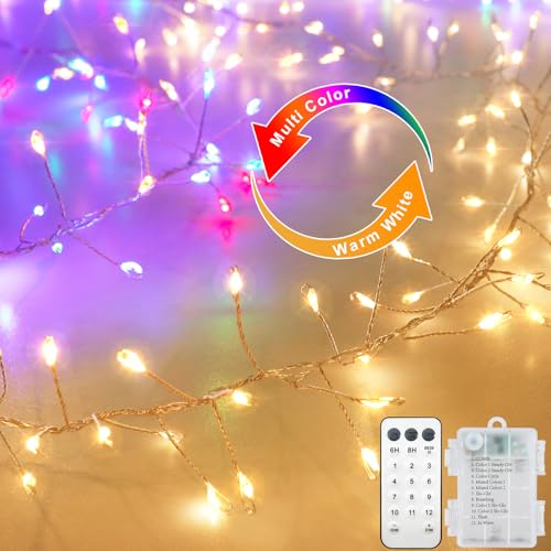Image of BSGlobal Dual Color Changing Battery Fairy Lights (Warm White & Multicolor) | 10Ft 200 LED Christmas String Lights with Remote Control Timer Twinkle Cluster Light for Bedroom Xmas Tree Garland Decor