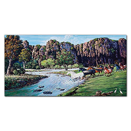 Decoration murale verre trempe panoramique arbre riviere et chevaux sauvages