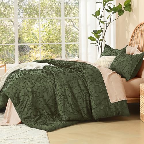 Image of Litanika Queen Size Comforter Set Olive, 3 Piece Cream Boho Tufted Bedding, Fluffy Farmhouse Bed Set for All Season with 2 Leaf Pattern Pillowcases(90x90In)