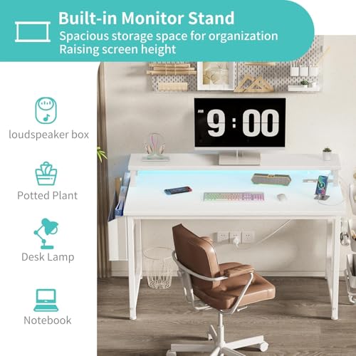 Image of Lufeiya Small White Desk with LED Lights and Power Outlets, 32 Inch Home Office Computer Desks with Monitor Stand, Teen Writing Study Table Gaming Desk with Charging Station, White