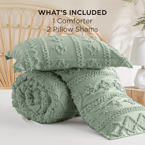 Image of Bedsure Tufted Boho Comforter Set Full Size - Sage Green Boho Bed Set, GentleSoft 3 Pieces Farmhouse-Style Embroidery Bedding, Gifts for Woman, Soft Jacquard Kids' Full Comforter for All Seasons