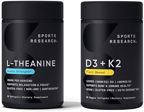 Sports Research Vitamina D3+K2 5,000iu 100mcg 60ct y L-teanina 200mg 60ct Bundle