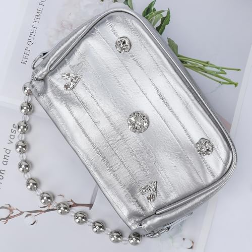 Image of Womens Y2k Sparkly Silver Handbag with Bead Chain, Metallic Clutch Satchel Leather Shoulder Bag Purse for Wedding Party Prom