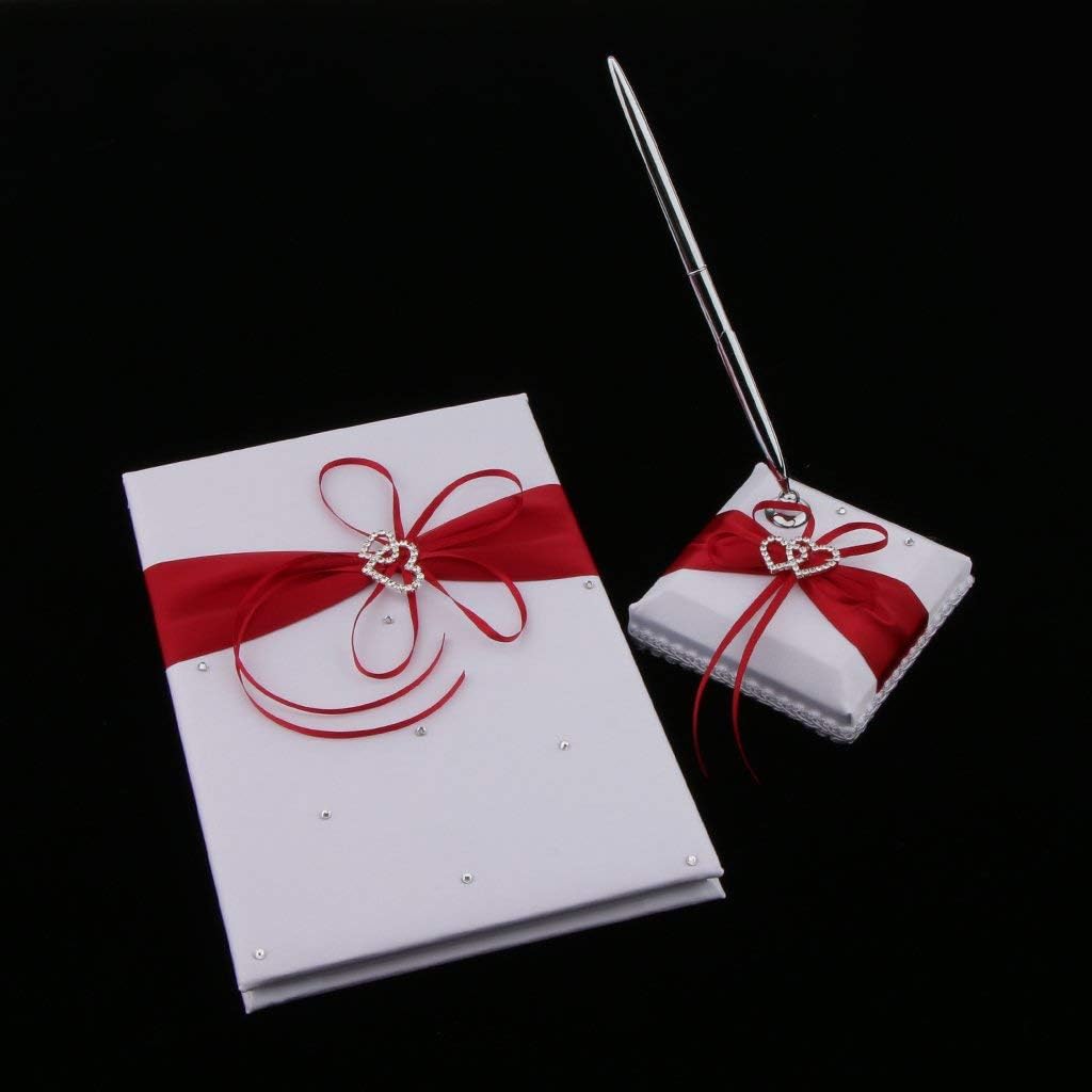 Wedding Guest Book with Matching Pen Holder and Pen Signature Book with Pen for Wedding Reception - Red