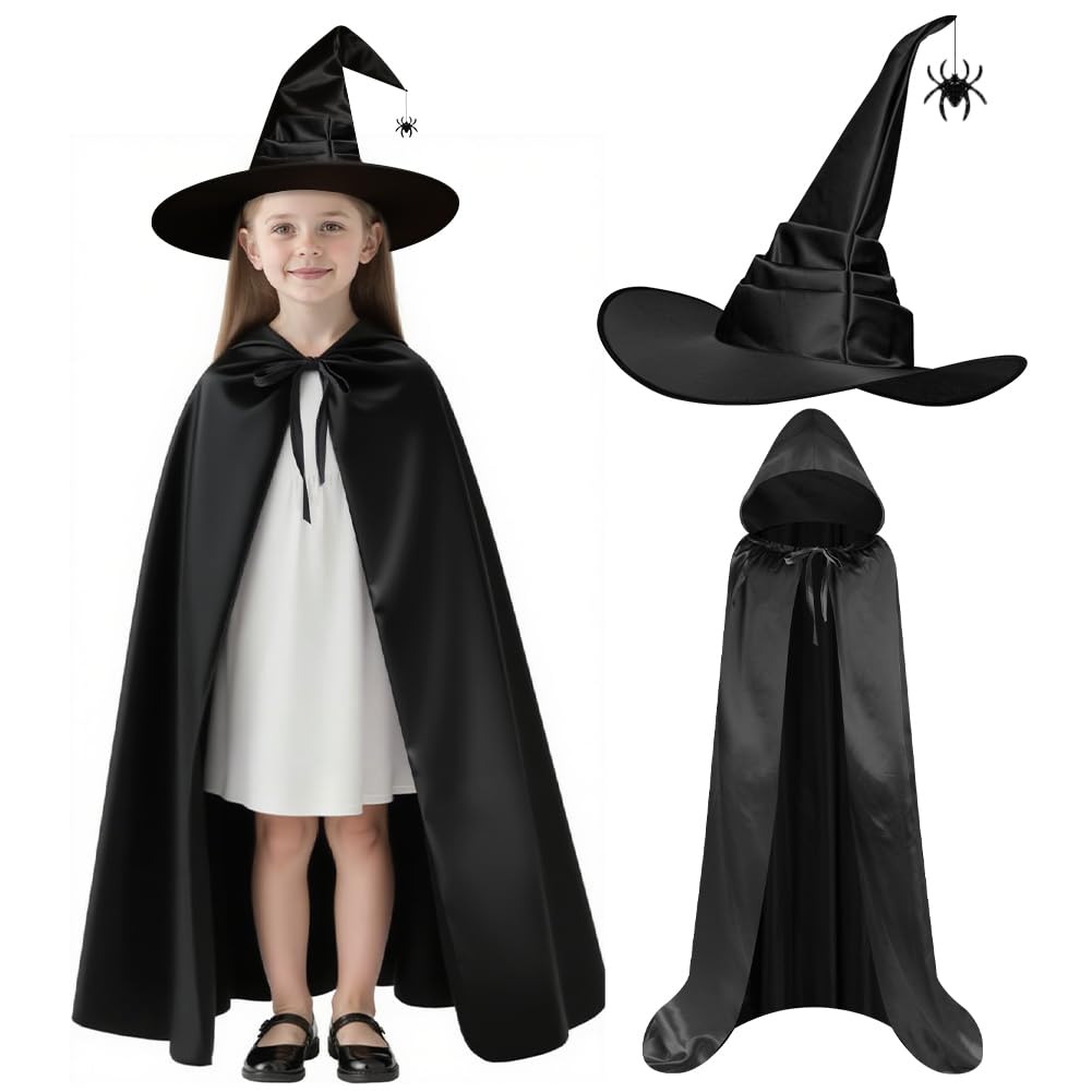 AUYAO Kostium czarownicy, damski kostium czarownicy, kompletny zestaw z peleryną z kapturem/kapeluszem pająka, peleryna na Halloween, kostium dla dorosłych, kobiet i mężczyzn, na Halloween, karnawał