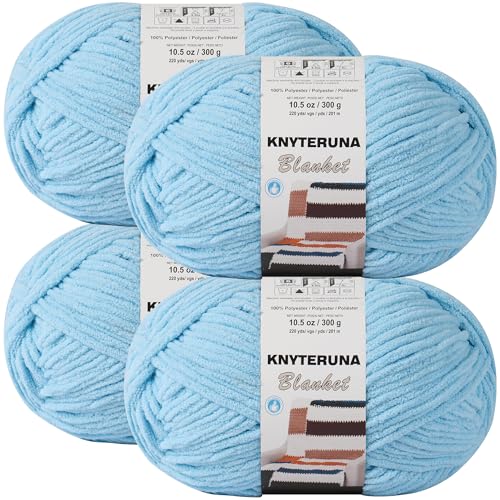 Image of #6 Super Bulky Blanket Yarn for Crocheting - 4 Skeins(Each 10.5oz /300g, 220yds /201m), Chunky Chenille Thick Plush Big Soft Yarn for Crocheting Knitting Blankets, Sky Blue