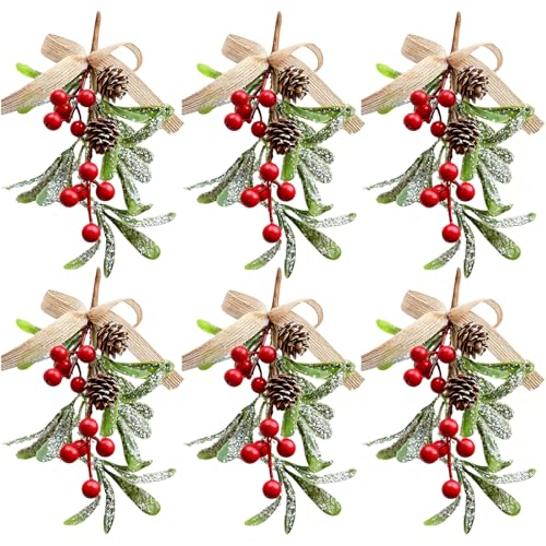 HERZWILD Weihnachtlicher Mistelzweig Dekor künstlicher Mistelzweig Ornament Glitzer Mistelzweig mit Beeren Weihnachtsbaum hängende Dekorationen f (Rot C-6 Stück)