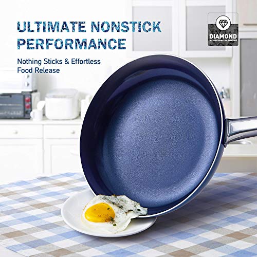 Image of Michelangelo 8 inch Nonstick Frying Pan with Lid, Diamond Infused Small Frying Pan, Blue Color Diamond Fry Pan 8 Inch, Small Skillt Nonstick, 8 Inch Skillet with Glass Lid