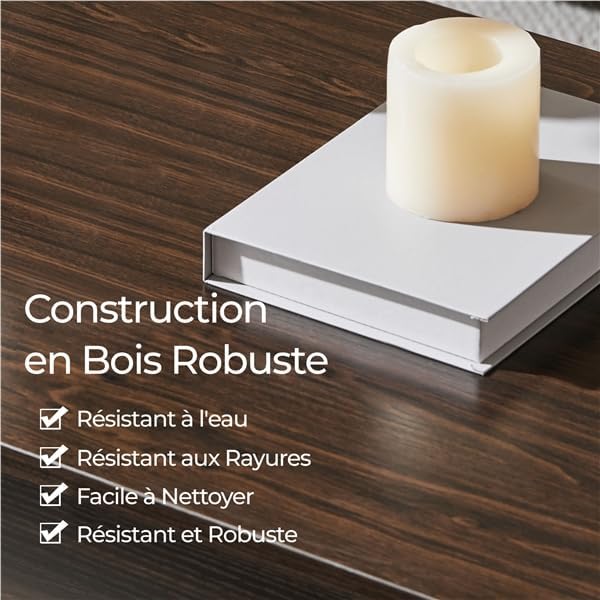 Close-up of the table's wood grain surface with text highlighting water resistance, scratch resistance, and easy cleaning