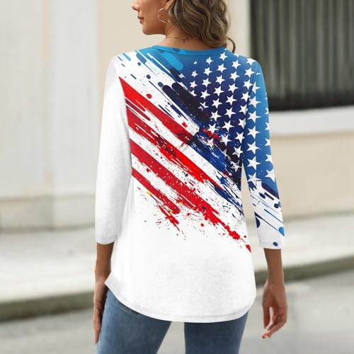 Image of 4th of July Shirts Women 3 /4 Length Sleeve Womens Tops Henley Neck Casual Patriotic T Shirts