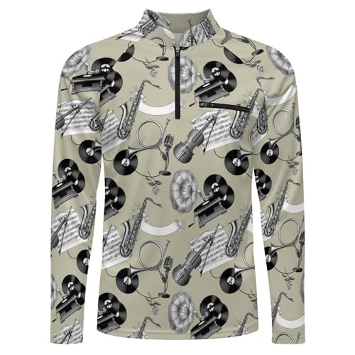 Vintage Musical Gramophone Vinyl Records Men's Rash Guard Long Sleeves Quick Dry Fishing Workout Shirts with Zipper4