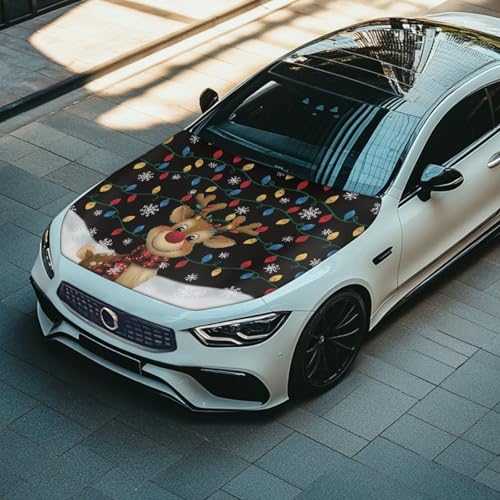 Image of Christmas Deer and Snowflakes Hood Cover Protector for Compact SUV Trucks Sedans, 59x39 Inch Stretchable Car Hood Flag, Universal Snowproof Auto Christmas Decorations