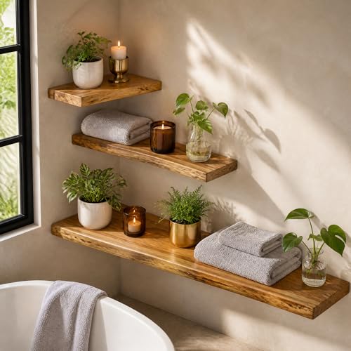 Image of Dreamland 72 Inch Floating Shelves for Wall, Solid Elm Wood Live Edge Wall Shelves for Living Room, Bedroom, Kitchen, Bathroom, Wall Mounted Long Floating Shelf Set of 1, Natural