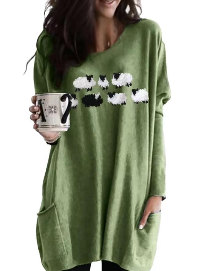 Black Sheep Sweater Women Green Cotton V Neck Dressy Plus Size Pullover Tops