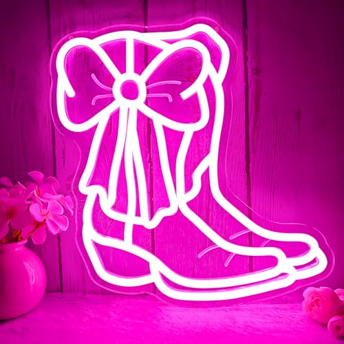 Image of Cowboy Boot With Pink Bow Neon Sign Cowgirl Boot Led Sign Dimmable Cowgirl Western Wall Decor Coquette Bows Pink Room Decor Aesthetic Birthday Party Gifts