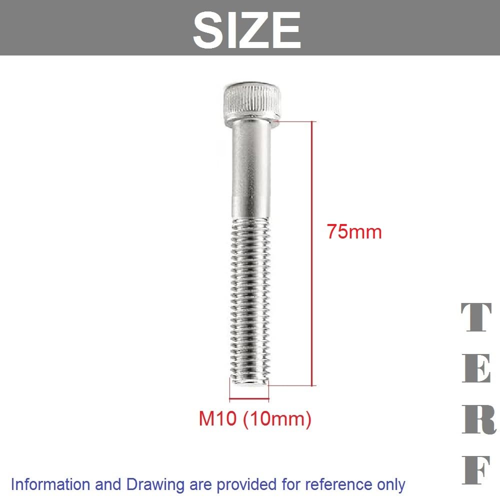 TERF® M10 X 75mm Hex Socket Cap Head Machine Screws Stainless Steel A2 (304) Machine Screw M10 (10mm) X 75mm Allen Key Hexagonal Socket Cap Bolts - Image 3