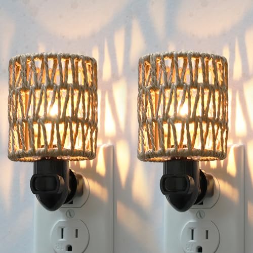 Image of Boho Plug in Night Light with Switch, 2-Pack Farmhouse LED Night Lights Plug into Wall Socket, 0.5W Baby Nursery Nightlight with Bohemian Rattan Lamp Shade for Adult Kids Room Bathroom Hallway