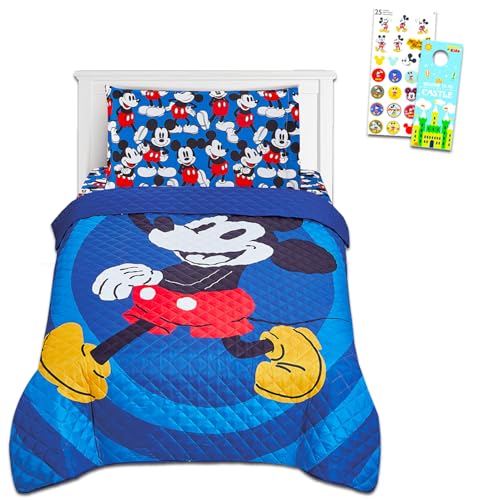 Disney Mickey Mouse Twin Bedding Set - Bundle with Bedspread Flat Sheet Fitted Sheet Pillowcase Plus Stickers More | Mickey Mouse Bedroom Decor