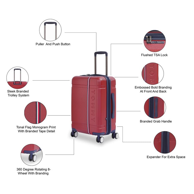 Image of TOMMY HILFIGER Millennia Cabin Hard Luggage - Red |Check-in Trolley Bag with TSA Lock | 360 Spinner Double Wheels | Telescopic Handle | Polycarbonate Hardshell Suitcase | 38L Capacity | 58cm