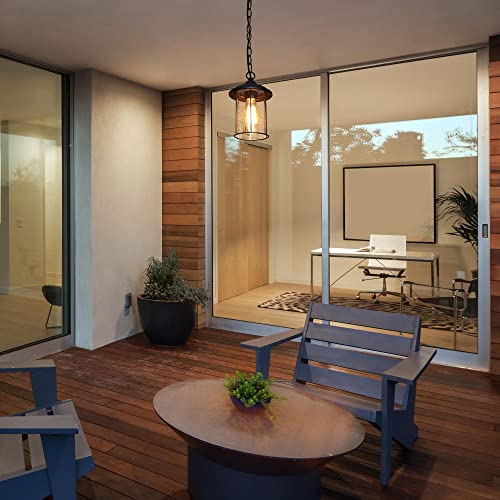 Outdoor Pendant Light, Black Exterior Light Fixture Hanging Lantern Adjustable, Modern Farmhouse Porch Lights With Seeded Glass For Porch, Doorway, Foyer #TOP4