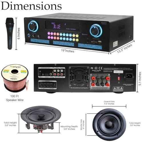 Image of Vaiyer Home Theater Sound System Kit - 2000 W Bluetooth Amplifier w / 4 Qty of 8 inch Frameless Ceiling Speakers 300 W Each, Mic, 200 ft Speaker Wire & Remote for Living Room, Office, Commercial use