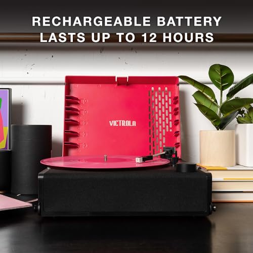 Victrola Revolution GO – Portable Vinyl Record Player, Battery-Powered Bluetooth Turntable, 12 Hour Battery Life, 3 Speed Belt-Driven Record Player, RCA Output, 3.5mm Headphone Jac (Pink) - Les Beatles, Paul McCartney, John Lennon, RIngo Starr, George Harrison Victrola Revolution GO – Portable Vinyl Record Player, Battery-Powered Bluetooth Turntable, 12 Hour Battery Life, 3 Speed Belt-Driven Record Player, RCA Output, 3.5mm Headphone Jac (Pink) – Image 3