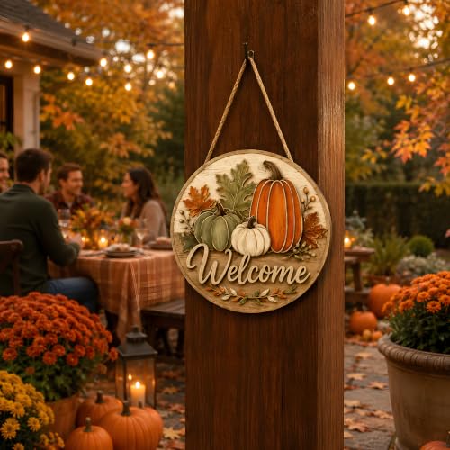 Image of Fall Decor - Fall Welcome Sign for Front Door | Thanksgiving Decorations | Rustic Round Pumpkin Door Wreath Sign Wood Hanging Decor - Fall Thanksgiving Party Favors Supplies for Home Door Wall Decor