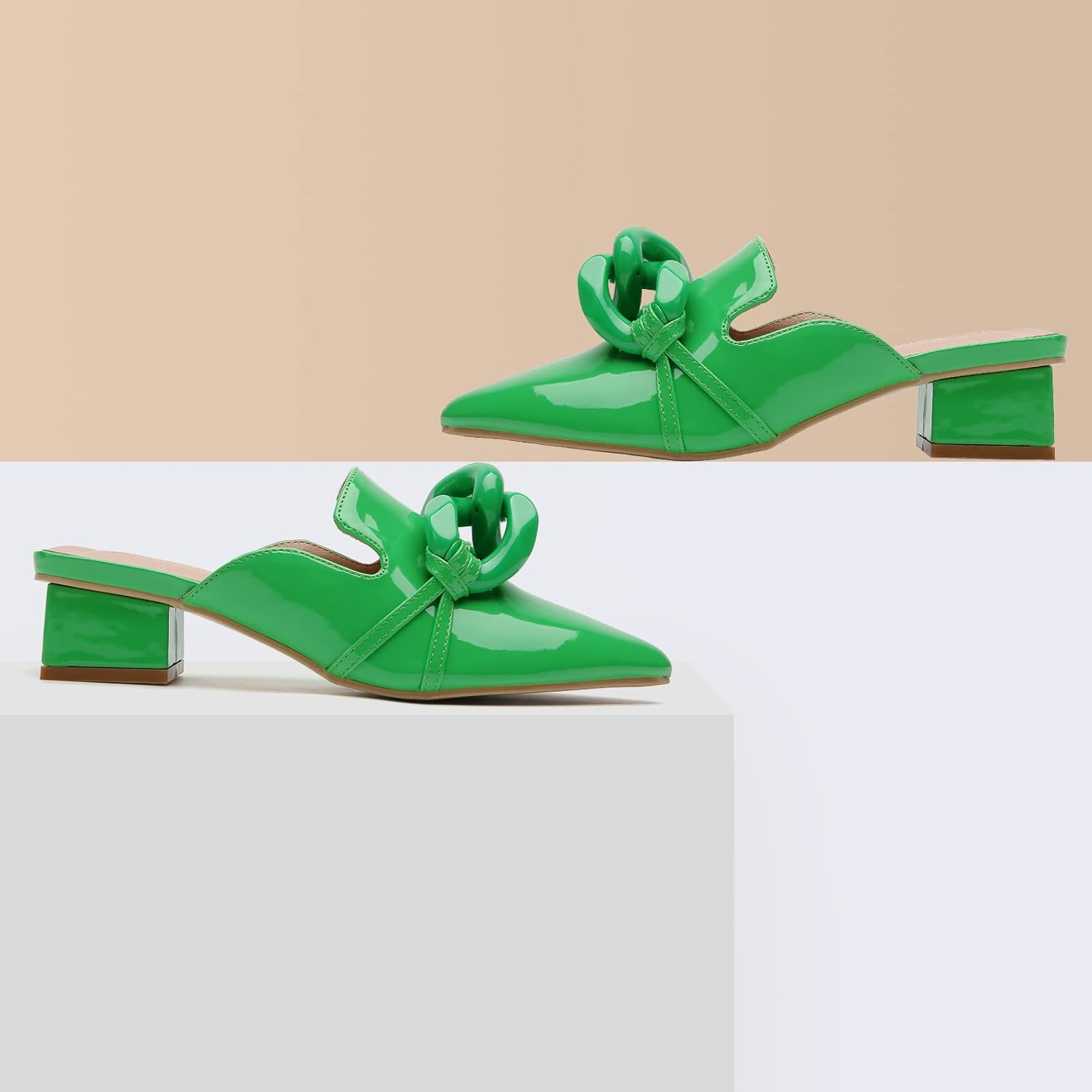 Tilocow Metal Chain Decor Mules Heels for Women, Pointed Closed Toe Sandals, Women Chunky Stacked Heel Mules, Comfortable Slip-On Sandals - Image 7