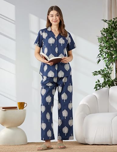 Image of Amazon Brand - Myx Women Cotton Shirt and Relaxed Pajama Set | Night Suit Set (Available in Plus Sizes)