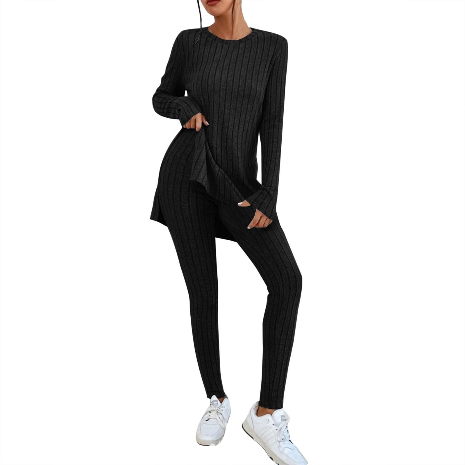 2024 da donna in due pezzi Set manica lunga girocollo T-shirt con orlo a fessura Pantaloni a vita alta Tuta