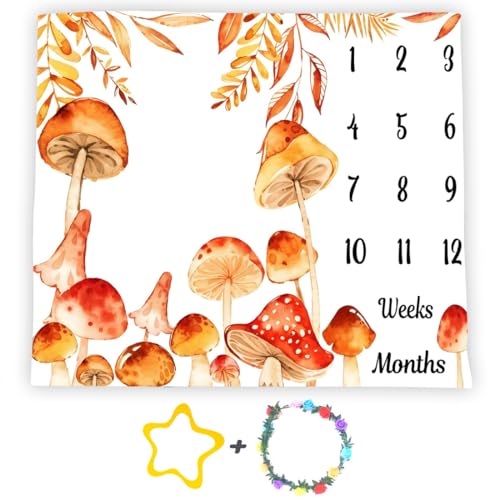 Image of Mushroom Theme Baby Monthly Milestone Blanket, Soft Flannel Watercolor Spring Tropical Eucalyptus Leaves Botanical Photography Prop Newborn Baby Shower Age Growth Tracker (Orange, 60x40in)