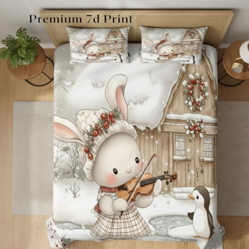 Image of 7D Fairy Tale White Rabbit Collection Double Bedsheet 90x100 inch with 2 Pillow Covers | Good Stitching, Soft Fabric & Vibrant 7D Digital Print for Kids & Couples (White)