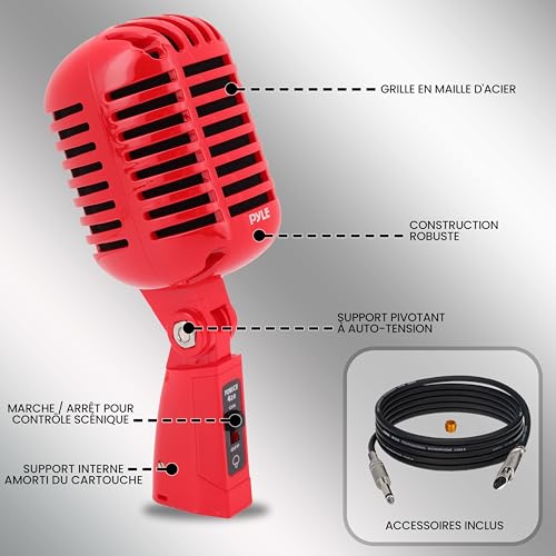Micro cardioïde unidirectionnel Pyle rouge vintage avec liaison XLR - 6
