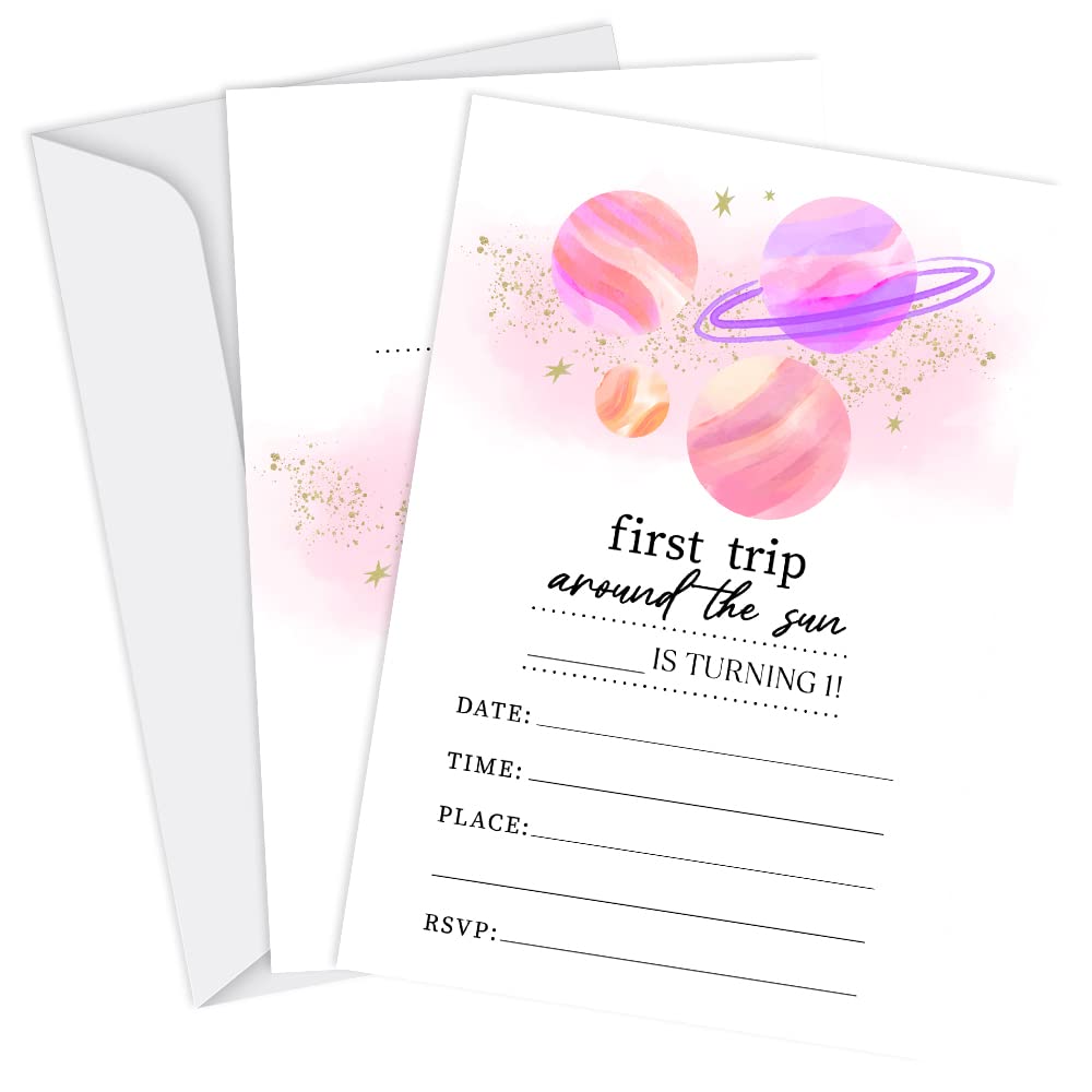 Tuyashua Pink Gold Galaxy 1st Birthday Party Invitations, First Trip Around The Sun Invitations, Galaxy Party Supplies for Boys Girls, Birthday Party Decorations, 20 Cards with Envelopes - I23